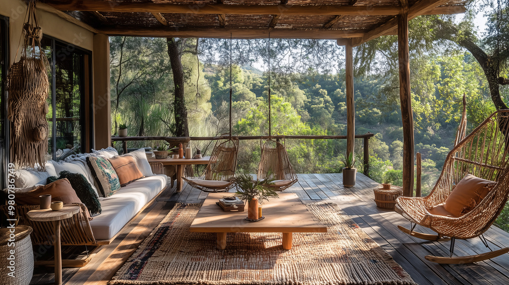 A rustic open-air living area with reclaimed wood furniture, woven rugs, and an open view of the surrounding forest, blending nature with comfort A rustic open-air living area with reclaimed wood furniture, woven rugs, and an open view of the surrounding forest, blending nature with comfort