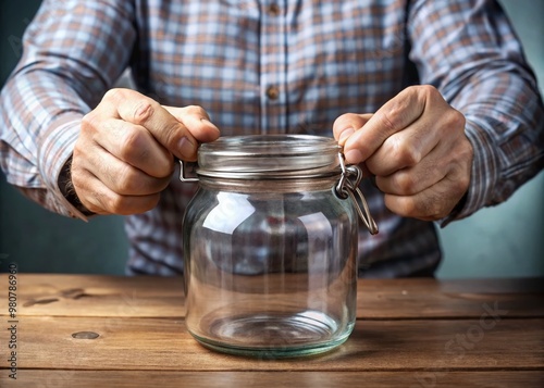 A person's hands grip a stubborn jar, with one hand on the lid and the other on the photo