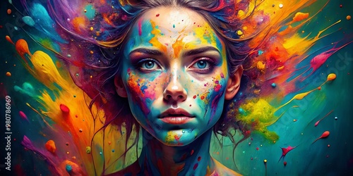 Vibrant abstract face with swirling colorful paint splatters, streaks, and dots, creating a mesmerizing, artistic, and playful portrait without a human subject. photo