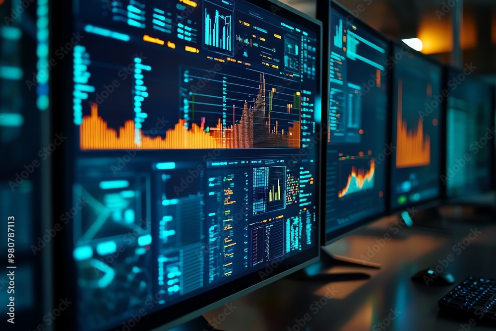 A row of computer monitors displaying financial data and charts A row of computer monitors displaying financial data and charts