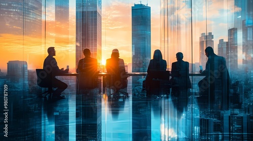 Business people in a business meeting with city background and cityscape in the background.
