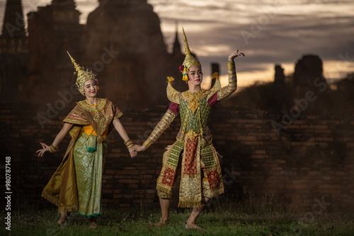 Pantomime (Khon) is traditional Thai classic masked play enacting scenes from the Ramayana in a public place at Wat Phra Si Sanphet, Ayutthaya, Thailand photo