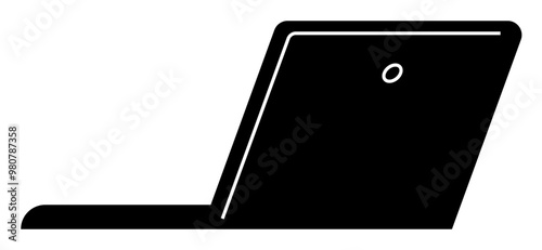 Simplistic black silhouette of an open laptop in side view. Ideal for tech-related themes, digital communication, remote work, modern aesthetics, and minimalist design. Simple, clean, contemporary sty