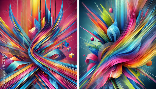 A fluid wave of bold colors swirling in graceful motion, highlighted by floating spheres, forming a dynamic abstract composition