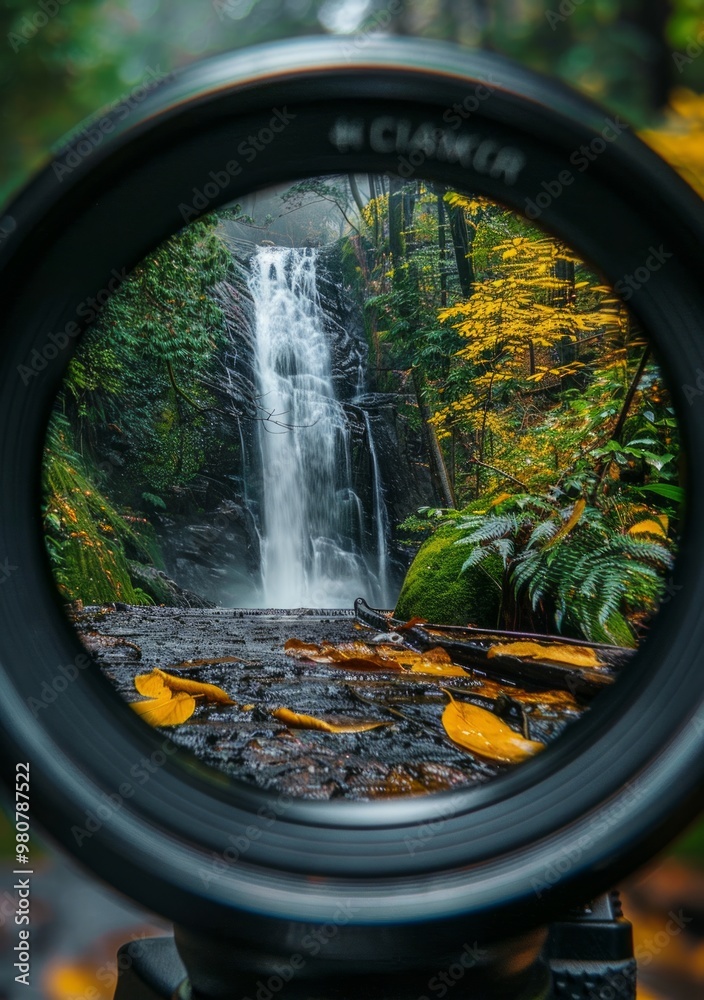A waterfall surrounded by autumn foliage captured through a camera lens in a serene forest A waterfall surrounded by autumn foliage captured through a camera lens in a serene forest