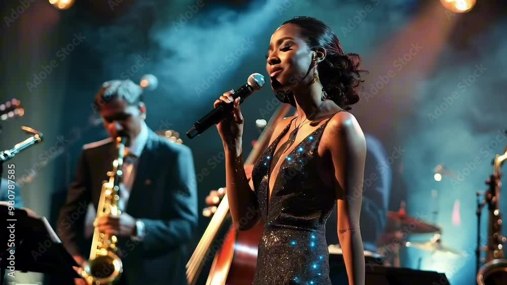 An elegant black female jazz singer captivates the audience with her soulful performance, standing close to the microphone An elegant black female jazz singer captivates the audience with her soulful performance, standing close to the microphone