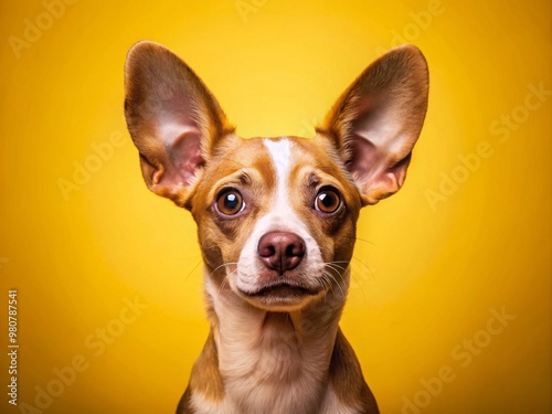 A playful dog with oversized ears and endearing expression poses against a bright yellow background, showcasing