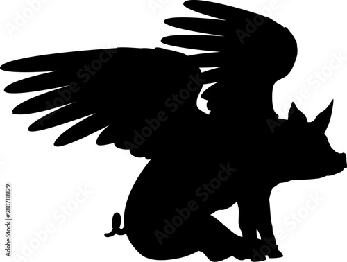 A flying pig with wings in silhouette from the saying pigs might fly