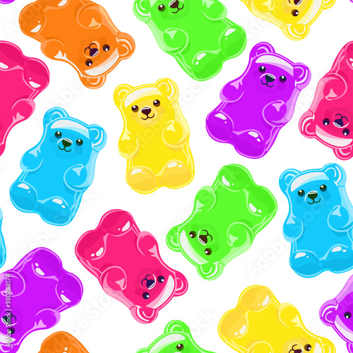 Vector seamless pattern with bright gummy bears on white background