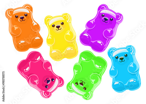 Colorful gummy bears. Jelly bear fruit gummies. Vector isolated illustration