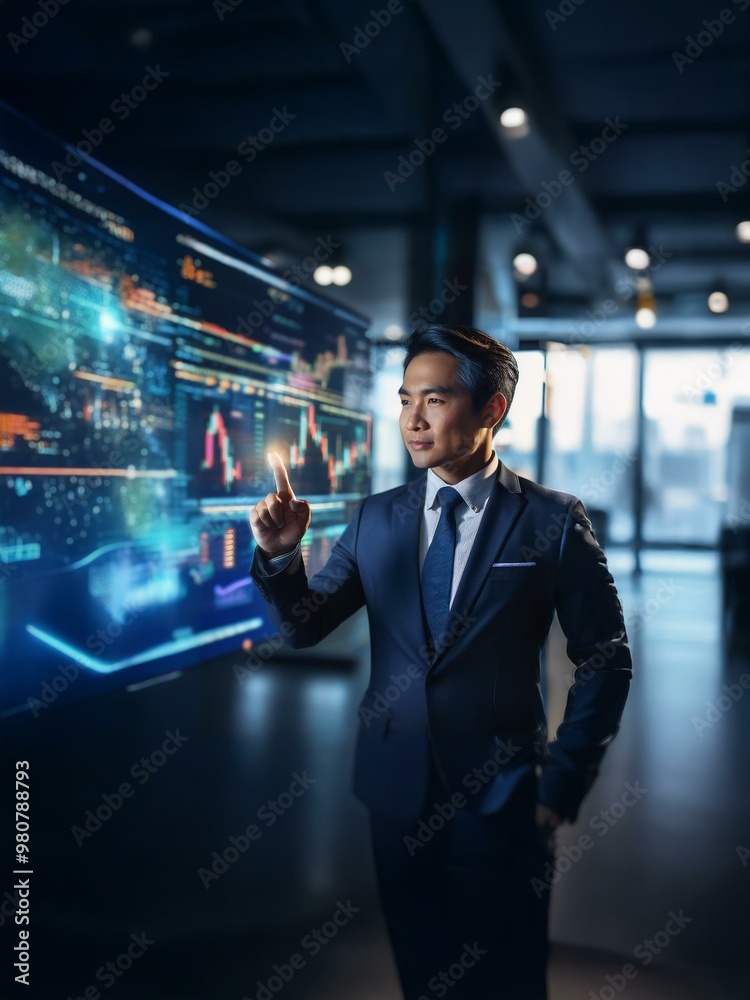 A businessman in a suit and tie stands in front of a large screen displaying data, his finger pointing at the screen as he studies the information. A businessman in a suit and tie stands in front of a large screen displaying data, his finger pointing at the screen as he studies the information.