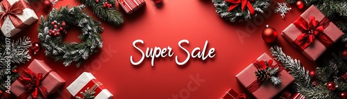 Celebrate the festive season with a super sale featuring beautifully wrapped gifts and seasonal decorations. photo