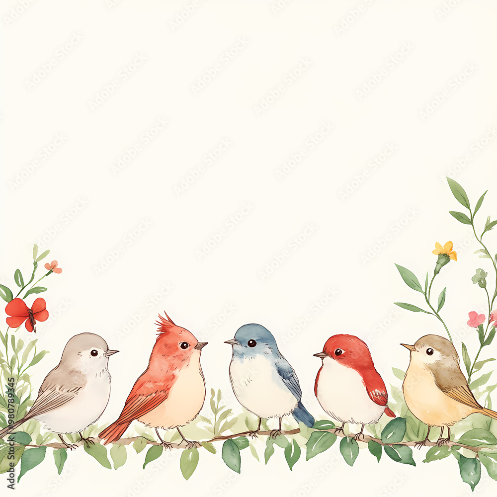 A group of birds are perched on a branch, with some of them being red, blue, and yellow. The birds are arranged in a row, with the first bird on the left and the last one on the right