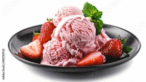 A scoop of creamy strawberry ice cream with fresh strawberry chunks, served on a black plate, isolated on white background suitable for food advertising High quality HD 4K video clips dessert, food, s photo