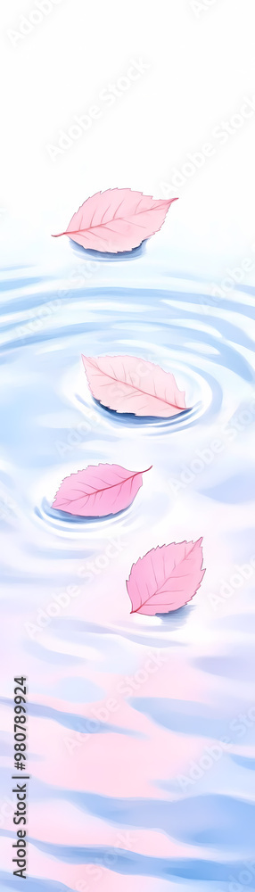 A watercolor painting of three pink leaves floating on the surface of a body of water. The leaves are scattered throughout the painting, with some closer to the foreground and others further back A watercolor painting of three pink leaves floating on the surface of a body of water. The leaves are scattered throughout the painting, with some closer to the foreground and others further back