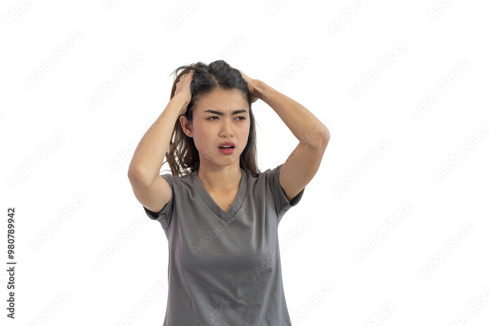 Unhealthy asian woman having headache isolated on white background, Healthcare and medical concept Unhealthy asian woman having headache isolated on white background, Healthcare and medical concept