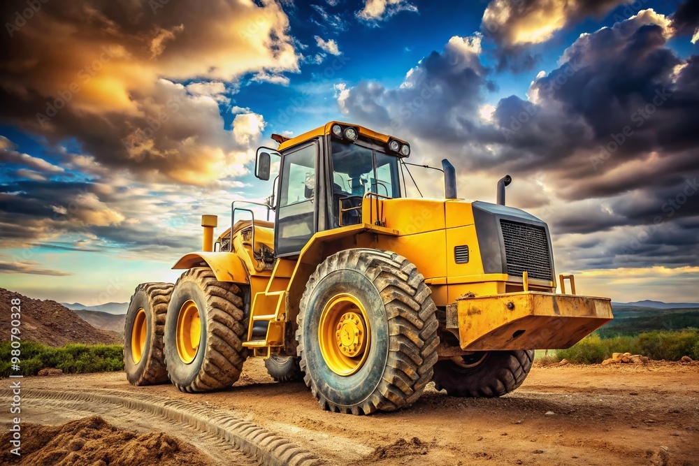 A rugged earthmover sits ready for action in a rural setting, its yellow metal body and heavy-duty tires A rugged earthmover sits ready for action in a rural setting, its yellow metal body and heavy-duty tires