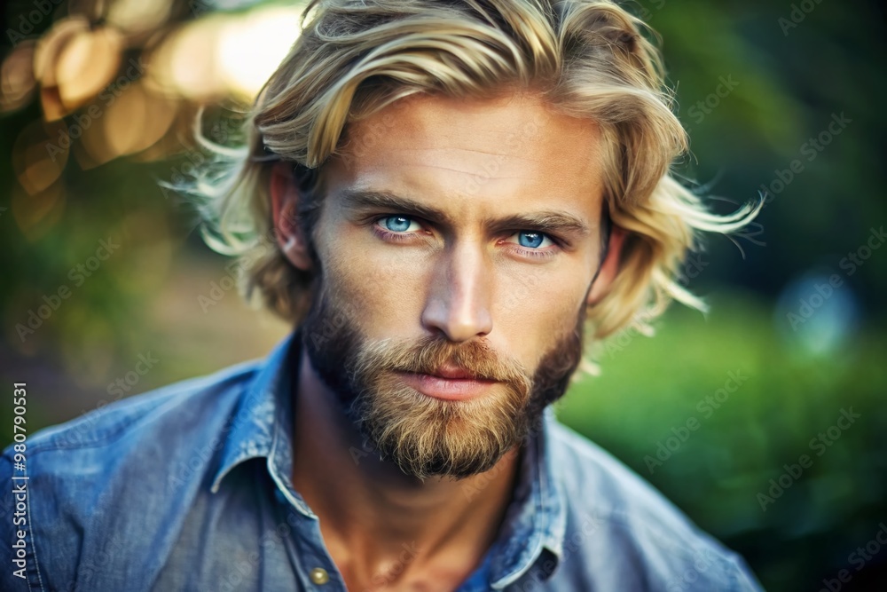 A ruggedly handsome bearded blonde-haired male with a strong jawline and piercing blue eyes gazes intensely with a A ruggedly handsome bearded blonde-haired male with a strong jawline and piercing blue eyes gazes intensely with a