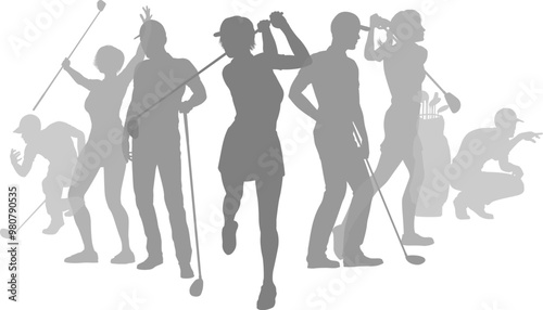 Silhouette golf player set. Active golfers golfing sports people healthy players fitness silhouettes concept.
