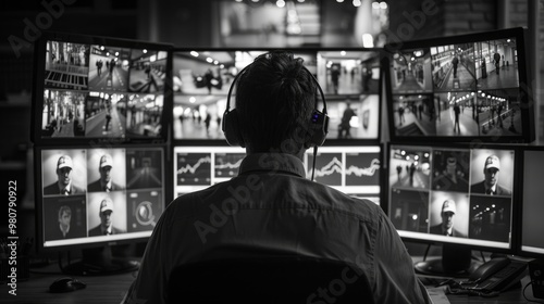 Security operator monitoring multiple screens displaying surveillance footage in a control room setting during evening hours photo