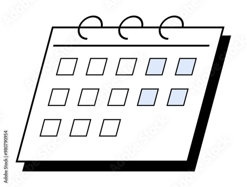 Calendar with a spiral binding and highlighted dates to indicate important events. Ideal for planning, organization, scheduling, time management, and reminders. Flat design style.