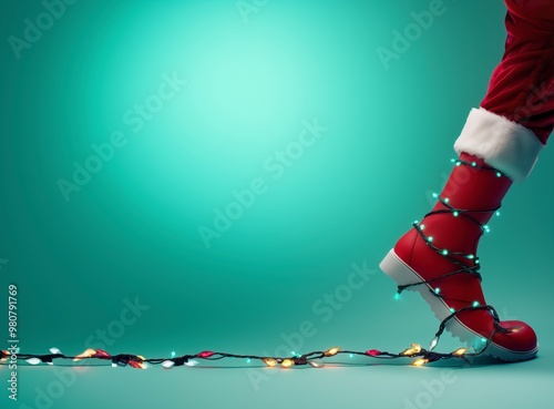 Santa Clause boot with Christmas lights trailing behind. Xmas party creative background.