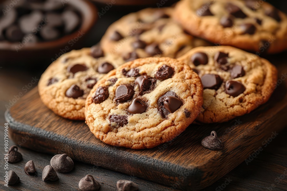 artisanal chocolate chip cookies arranged on rustic wooden board closeup view highlights gooey chips and goldenbrown edges warm inviting food photography artisanal chocolate chip cookies arranged on rustic wooden board closeup view highlights gooey chips and goldenbrown edges warm inviting food photography