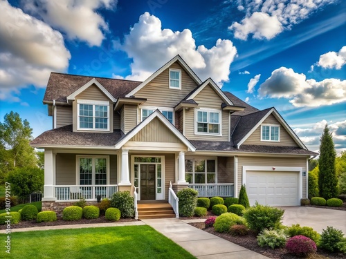 A serene, modern, two-story suburban home with a pitched roof, covered porch, and lush greenery, set against a