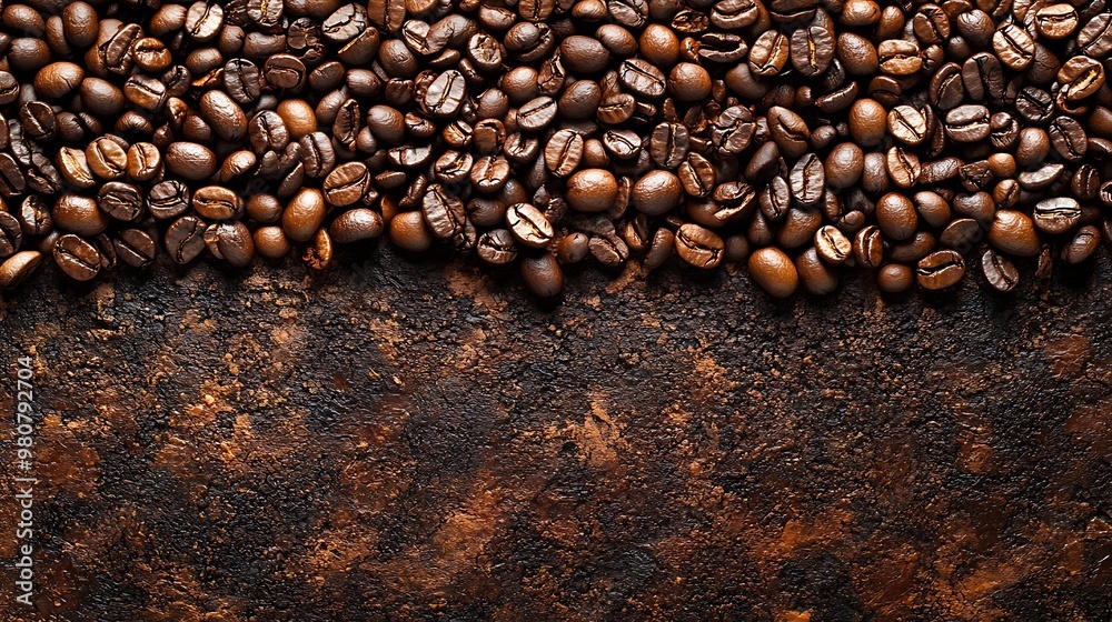 A close-up of coffee beans on a brown background with copy space. A close-up of coffee beans on a brown background with copy space.