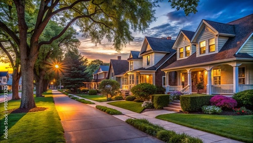 A serene evening scene featuring a quintessential Midwestern row of modest, traditional homes with neatly manicured