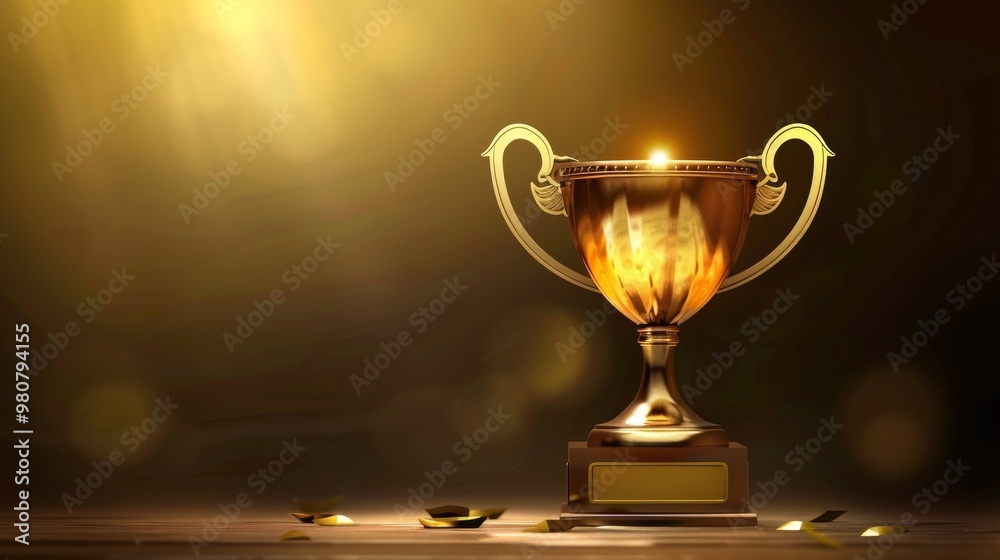 Golden Trophy on a Wooden Table, Gold Background, 3D Render, Award, Trophy, Achievement, Success Golden Trophy on a Wooden Table, Gold Background, 3D Render, Award, Trophy, Achievement, Success