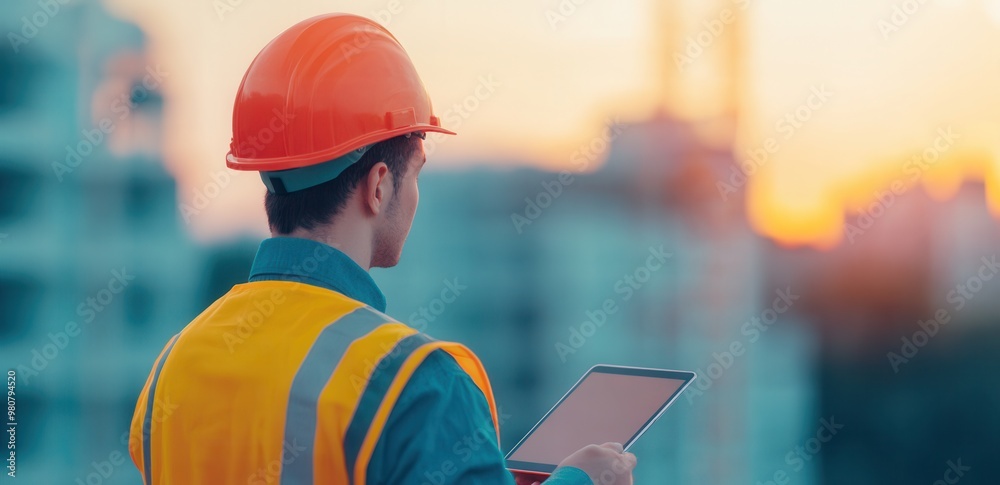 A construction worker in a safety helmet uses a tablet at sunset, showcasing modern technology in the building industry. A construction worker in a safety helmet uses a tablet at sunset, showcasing modern technology in the building industry.
