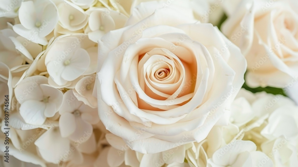 Elegant Bouquet Close-Up of White Hydrangeas and Cream Roses on a Soft White Background Elegant Bouquet Close-Up of White Hydrangeas and Cream Roses on a Soft White Background