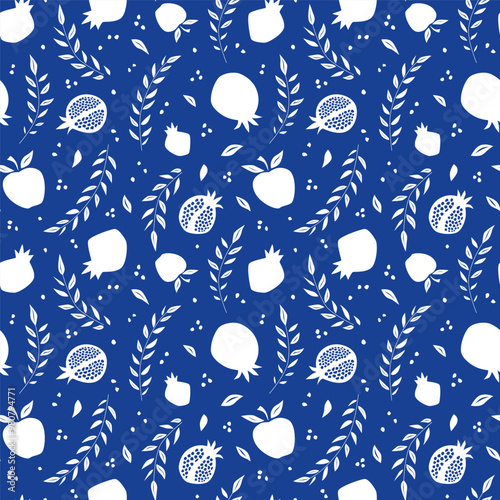 Pomegranate fruits and branches Blue and White Seamless vector pattern, background for greeting card, celebration of Rosh Hashanah, jewish new year, Israel Holiday. Shana Tova Umetuka!