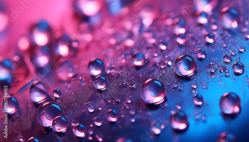 abstract macro photo of water droplets on pink purple background with blue tones