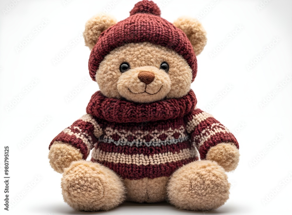 a stuffed bear wearing a sweater and hat
a stuffed bear wearing a sweater and hat