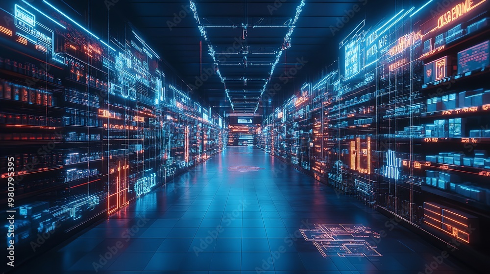 Futuristic Holographic Warehouse with Advanced Logistics Solutions for Efficient Storage and Distribution Futuristic Holographic Warehouse with Advanced Logistics Solutions for Efficient Storage and Distribution