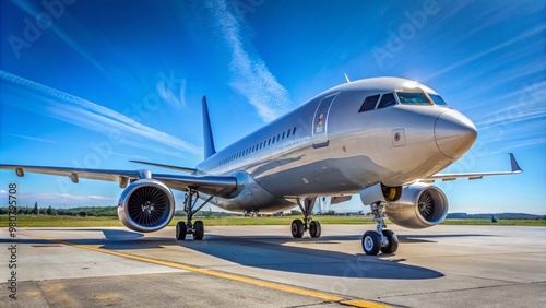 A silver and blue commercial airliner with engines and wings, parked on a sunny airport apron, awaiting departure,