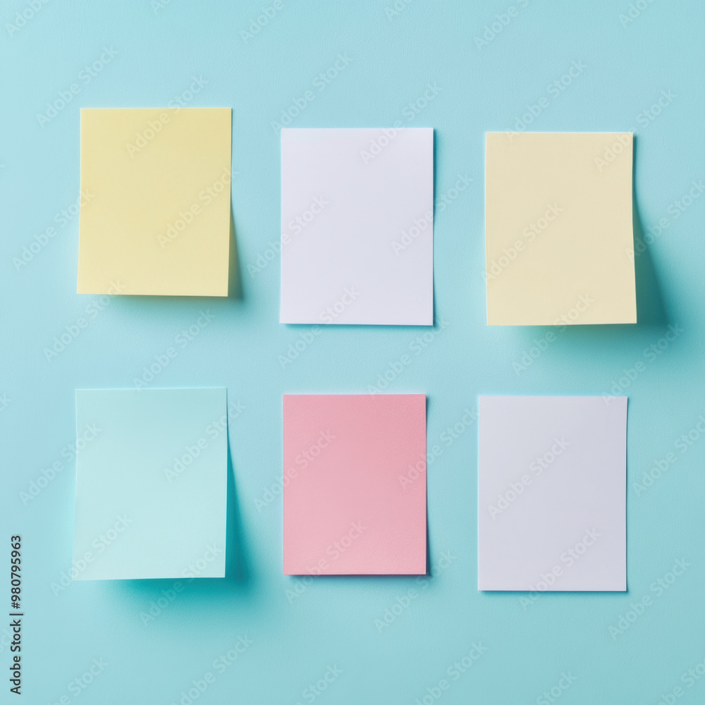 Colorful sticky notes arranged on blue background create vibrant and organized workspace. These notes are perfect for reminders and messages Colorful sticky notes arranged on blue background create vibrant and organized workspace. These notes are perfect for reminders and messages