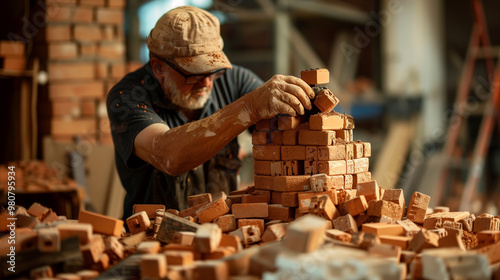 Close up of a construction worker's hands carefully building a brick wall. Building and construction work concept.