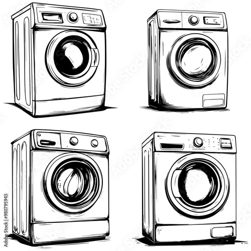 Four Washing Machine Illustrations Sketch Style Appliance Drawings