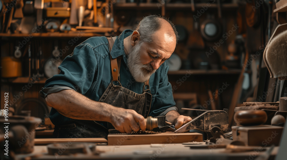 Senior Carpenter Working on Wood with Hand Plane Tool in Workshop Senior Carpenter Working on Wood with Hand Plane Tool in Workshop