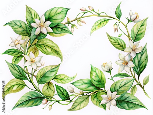 Delicate watercolor jasmine flower with lush jungle vines and intricate leaves isolated on a clean white background, adorned with a subtle border corner frame.