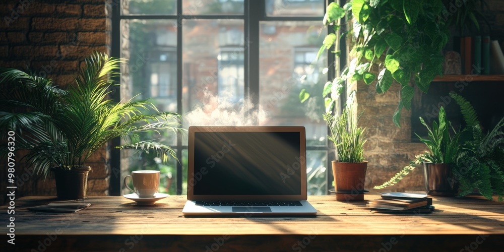 Cozy home office setup with laptop, coffee, and houseplants Cozy home office setup with laptop, coffee, and houseplants