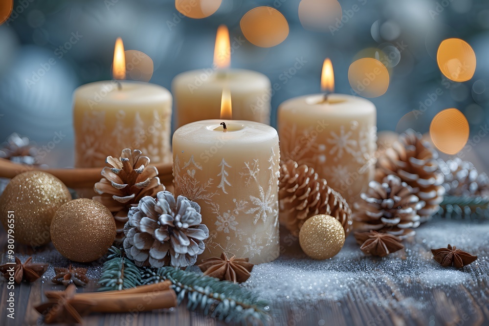 Winter Holiday Candles and Pine Cones with Festive Decorations - Perfect for Christmas Card Designs Winter Holiday Candles and Pine Cones with Festive Decorations - Perfect for Christmas Card Designs