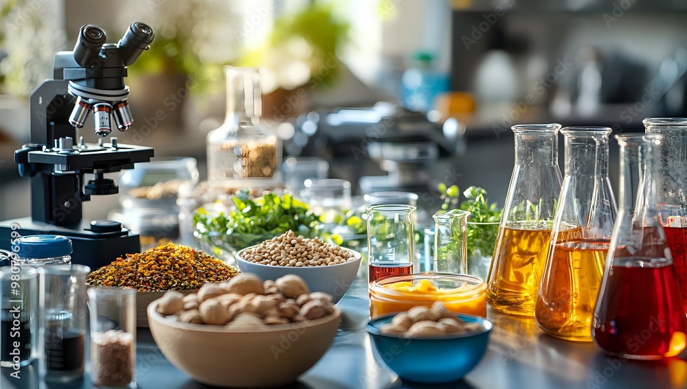 A close-up image of a laboratory table with various ingredients, beakers, a microscope, and other scientific equipment. A close-up image of a laboratory table with various ingredients, beakers, a microscope, and other scientific equipment.