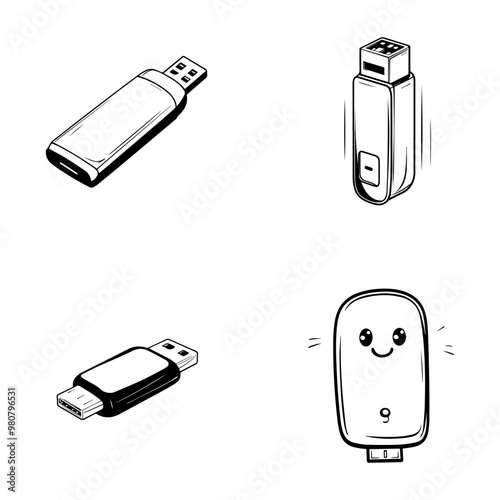 Hand-Drawn Illustrations of USB Flash Drives Various Styles and Designs