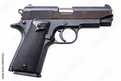 A sleek, compact, semi-automatic handgun with a matte black finish and textured grip, chambered for 9mm caliber