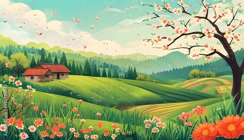 Vibrant Spring Landscape Illustration Celebrating Qingming Festival with Youthful Travel Spirit photo