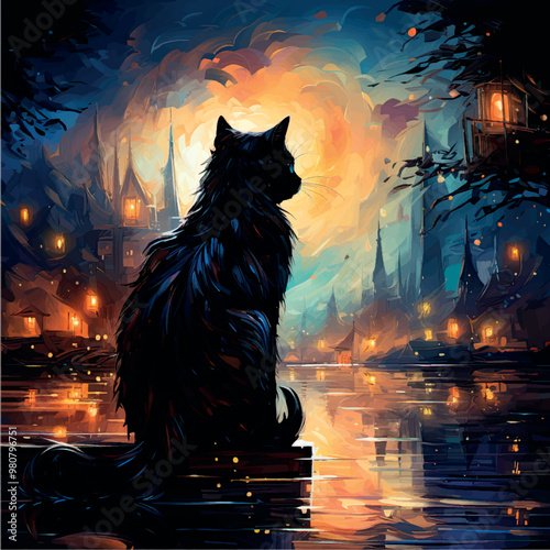 Black cat sitting on the street at night painting with paints. Illustration of a lonely street black cat against the background of a night city print illustration. Halloween, black cat. Kitten print